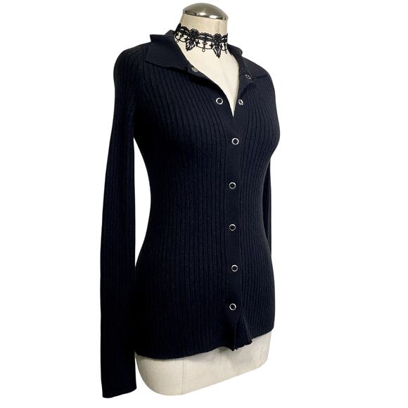 Y2K Collared Knit Button Down Sweater Grunge Gothic Bella Swan Stretch Preppy - Picture 2 of 10